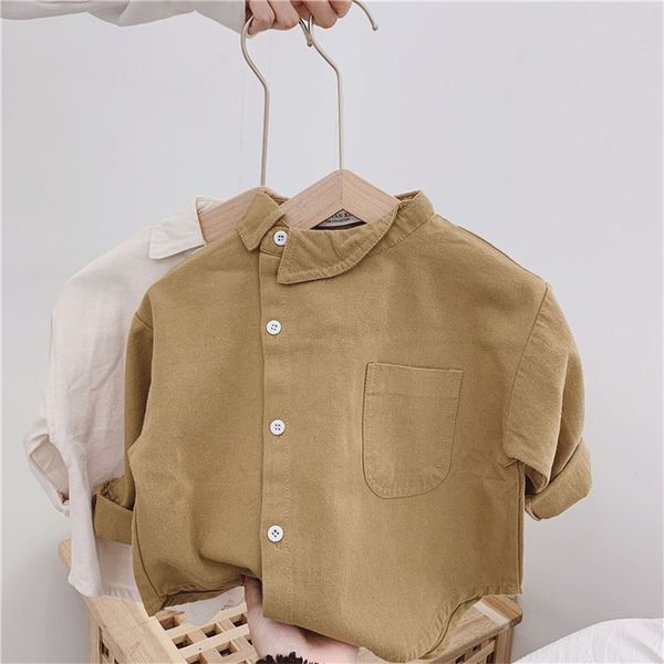 Camisas de color sólido con cuello oblicuo para niños de primavera y otoño, camisa irregular de algodón de manga larga con cuello vuelto para 2 niños 210713