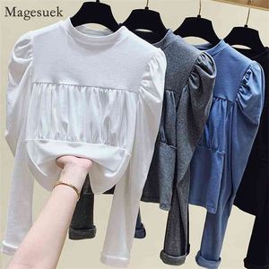 Lente herfst casual blouse shirts vrouwen vintage geplooide flow mouw shirt tops vrouwelijke kantoor massief wit femme 12959 210512