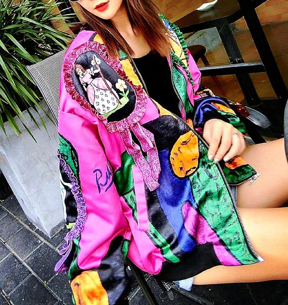 Chaquetas de mujer primavera otoño abrigo informal arcos Patchwork manga larga mujeres Tops chaqueta de bombardero colorido Graffiti estampado béisbol SL466