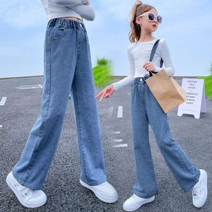 Spring herfst Casual jeans voor meisjes tiener massief elastische taille denim wide been broek veet winter kinderen rechte warme broek f4531