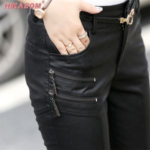 Spring herfst casual lederen broek vrouwen hete slanke pu lederen stijlvolle rits potlood magere broek voor vrouw met riem lj201029