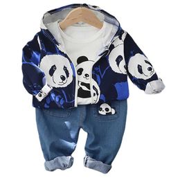 Lente herfst kinderen jongens cartoon panda kleding sets 2 stks jas jas denim broek peuter baby kinderen hooded kleding pakken H1023