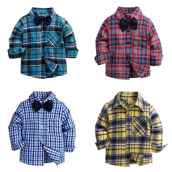 Primavera otoño niños camisas Casual rojo Plaid niño niño camisas algodón manga larga pajarita cuello en V ropa para niños 210306