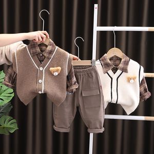 Lente Herfst Kinderen Gebreid Vest Plaid Shirt Broek Baby Jongens Kleding Sets Peuter Baby Kleding Outfit Kids Sportkleding