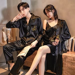 Spring Automne Couples Pyjamas Set Rayon mignon Rayon pour femmes Robe Set Men Satin Sleeping Pyjamas Suit Home Clothing Sleep 240408