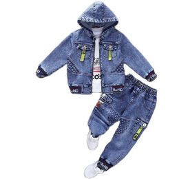 Primavera otoño vaquero conjuntos para niños versión coreana ropa para adolescentes ropa para niños niños abrigo de mezclilla de dos piezas chaqueta informal 240202