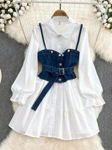 Printemps automne Cowboy gilet chemise robe femme élégante longueur manches chemise blanche robe gilet femmes deux pièces ensemble GD785 240315