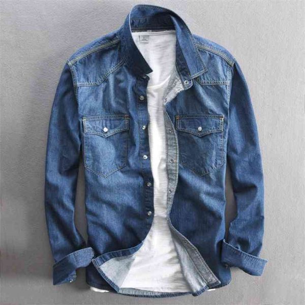 Printemps Automne Denim Chemise à manches longues pour hommes lavés rétro Slim Fit Jean Tops 100% coton de haute qualité Casual Street Cowboy Shirts 210626