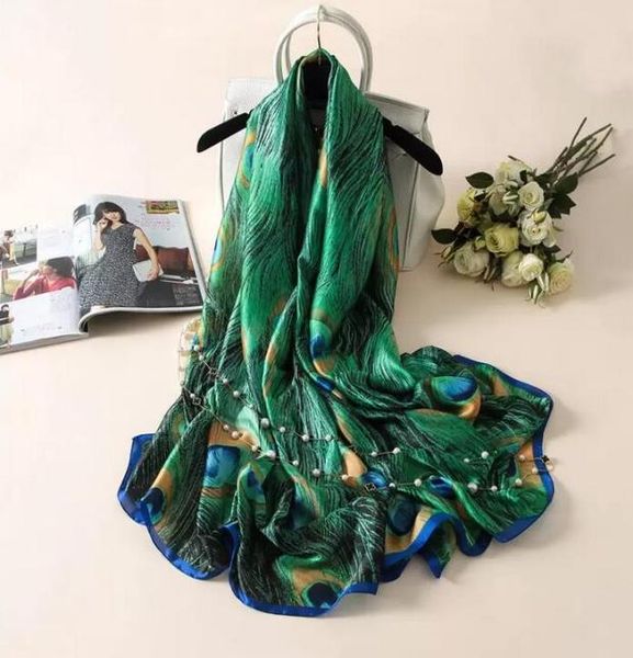 Printemps automne concepteur foulards en soie foulards femmes impression numérique vert plumes de paon châles Hijab Foulard 180cm7750264