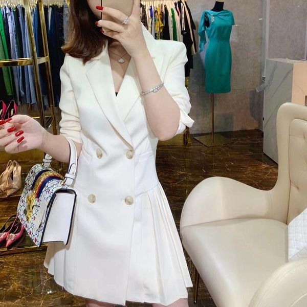 Robes décontractées Printemps Automne Double boutonnage Femmes Blazer Robe Bureau Dames Crantée À Manches Longues Plissée Slim Costume Femme Blanc