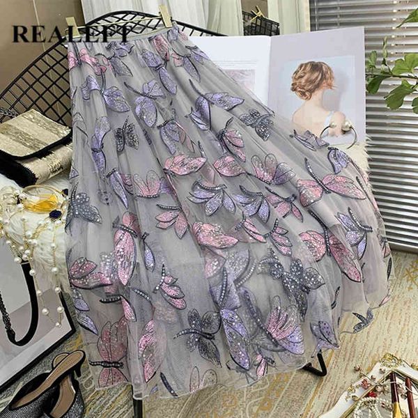 Printemps automne libellule broderie Tulle femmes jupes longues taille haute Chic a-ligne parapluie maille jupe femme 210428