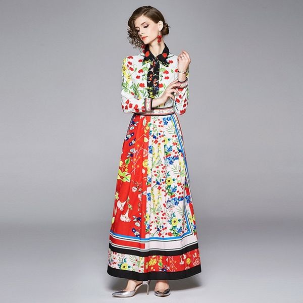 Printemps automne élégant Maxi robe femmes Vintage contraste couleur géométrie motif imprimé décontracté col rabattu longue robe 210514