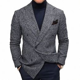 Lente Herfst Elegante Heren Jassen Gebreide Casual Busin Mannen Blazer Slim Fit Fi Veelzijdige Geruite Lg Mouwen Pak jas R9AT #