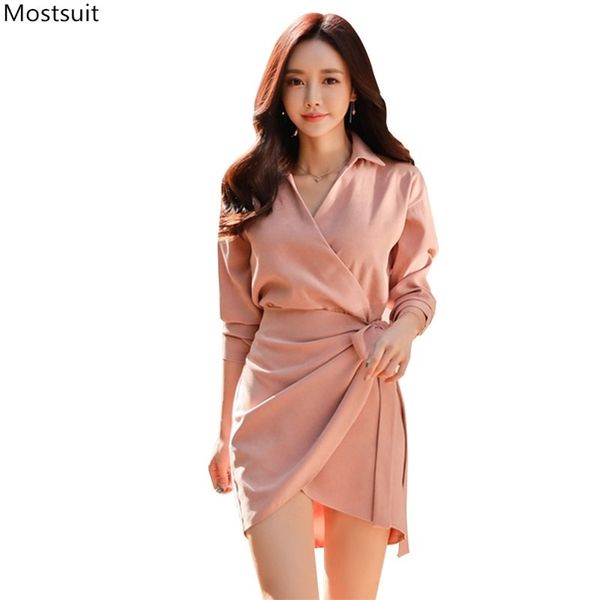 Primavera otoño elegante vestido Ol para mujer de talla grande Turn Down Collar Sexy Bodycon Mini vestidos coreano Robe Femme 210513