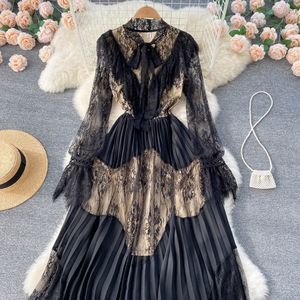 Robe longue plissée en dentelle avec nœud pour femmes, élégante, Patchwork, Vintage, manches bouffantes, à volants, pour fête, printemps automne, 2023