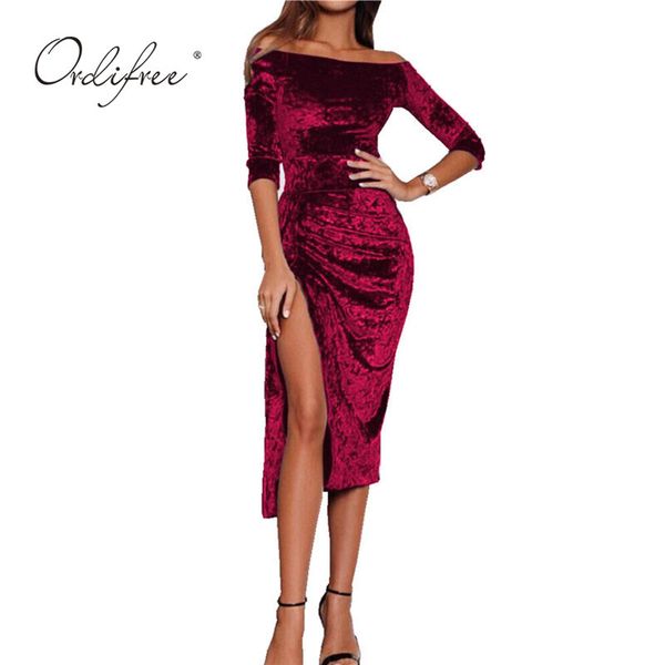 Printemps Automne Femmes élégantes Velvet Party Vin Rouge Dames Sexy Bodycon Split Robe Midi 210415