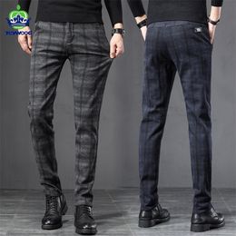 Spring herfst Engeland plaid werk stretch broek mannen zakelijke mode slanke fit grijs blauw pant man mannelijke merk broek 38 220713