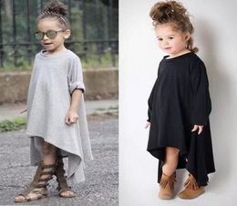 Printemps automne Europe mode bébé filles robe enfants à manches longues irrégulière hauts robe enfants décontracté coton robes noir gris 125365511990