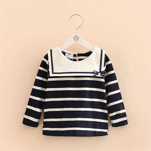 Printemps Automne Mode 2 3 -10 ans Enfant Blanc Bleu Rayé Bow Navy Style Coton T-shirts à manches longues pour enfants Baby Girls 210625