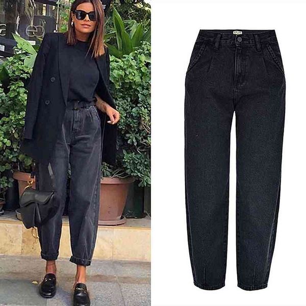 Primavera otoño moda algodón denim jeans mujer nueva cintura alta negro retro harem lavado Oficina señora Casual mujer K344