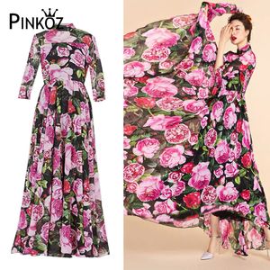 Primavera otoño moda diseñador elegante vestido mujeres manga larga lujo rosa flor floral estampado vintage midi fiesta 210421