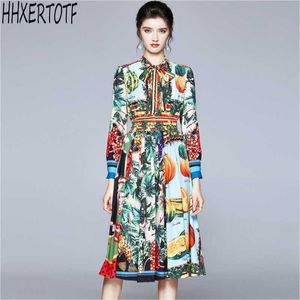 Lente herfst mode elegante vrouwen fruit afdrukken lange mouwen geplooide jurk vestidos 210531