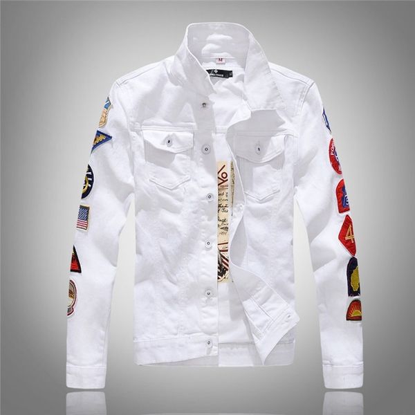 Primavera otoño moda hombres parches diseño slim fit denim chaqueta blanco ejército verde patchwork abrigo prendas de vestir exteriores para hombre grande