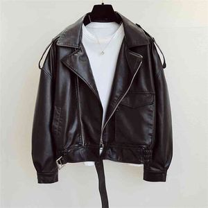 Printemps automne femme Faux cuir veste ceintures courtes lâche PU manteau femmes Moto motard mode Streetwear 210430