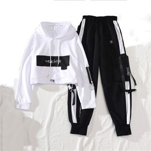 Printemps Automne Femme Streetwear Cargo Pantalon Lâche Taille Haute Joggers Femmes 2 Pièces Haut À Manches Longues Avec Pantalon Décontracté 211115