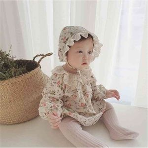 Printemps automne floral petite princesse sur-pièces avec une jolie casquette en coton col en dentelle à manches longues body 210508