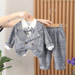 Spring herfst kledingkleed Kinderen Boy Lattice Pak Tie T -shirtbroek 3 stks/Sets Kids Infant katoenen kleding Peuter Casual Tracksuit