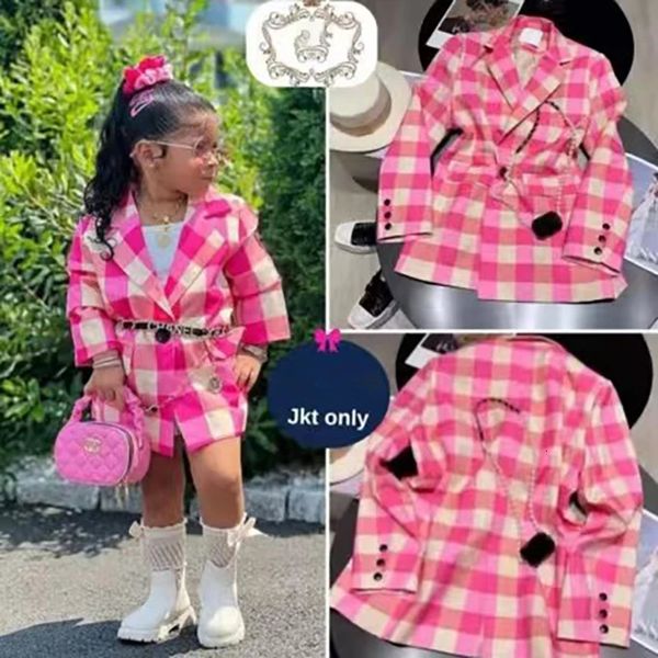 Primavera otoño niñas blazer bebé abrigo adolescente traje chaqueta niños ropa rosa cheque bolsillo botón 3 14y 231221