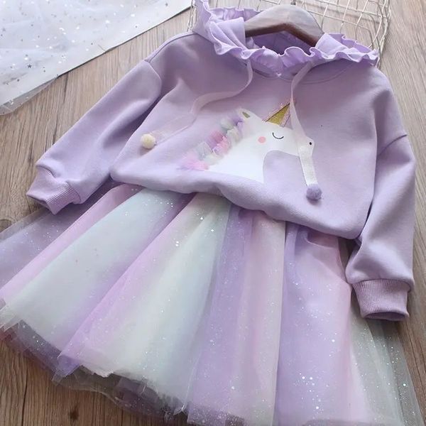 Spring Autumn Girls Cartoon Cabinage Swirts Shirts Rainbow Jupe Suit Childrens Fashion Twopiece Clothing ensembles 240410