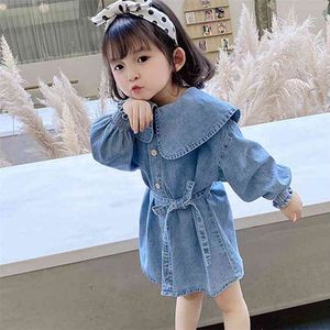 Lente herfst meisjes jurk revers knop riem denim lange mouw baby kinderen kinderkleding voor meisje 210625