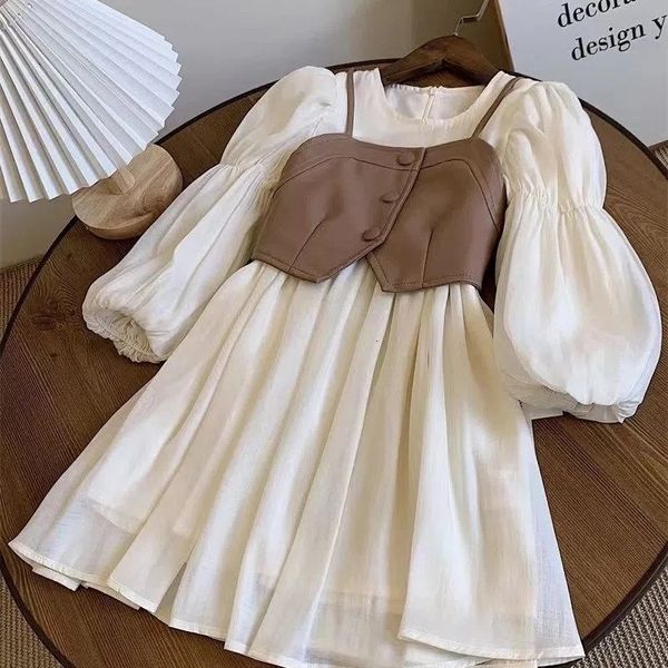 Primavera otoño niñas vestido conjunto de manga larga para niños retro pu chaleco de cuero adolescente ropa traje 4 6 8 12y 240223