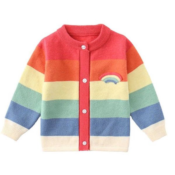 Primavera otoño niñas arco iris impreso suéter chaqueta niños ropa de tejer cardigan niños ropa para niños abrigos casuales y1024