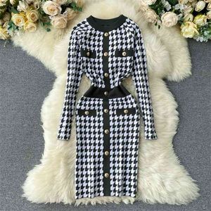 Lente herfst houndstooth vintage gebreide jurk dames mode single breasted lange mouw slanke korte vrouwen elegante vrouwelijke 210514