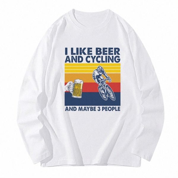 Printemps Automne J'aime la bière et le cyclisme T-shirt imprimé Hommes Lg Sleeve Bike Design Sport Amateur de vélo Blanc Hipster Vintage Tees j9I7 #