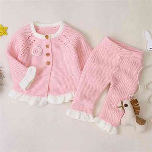 Lente herfst baby baby meisjes kleding sets mode kids pak meisje pure kleur gebreide bloem kleding 210521