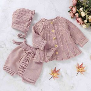 Printemps Automne Infantile Bébé Filles Pure Color Cardigan Manteau + Pantalon + Chapeau Vêtements Ensembles Enfants Costume Fille Tricot Vêtements 210521