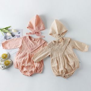Lente herfst baby baby meisjes rompertjes kleding bodysuit lange mouw kant + dop 0-2yrs 210429