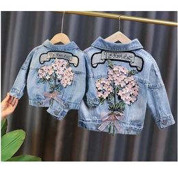 Lente herfst kinderen denim jassen voor meisjes baby bloem borduurwerk jassen mode kinderen uitloper gescheurd jeans 1-5Y 211204