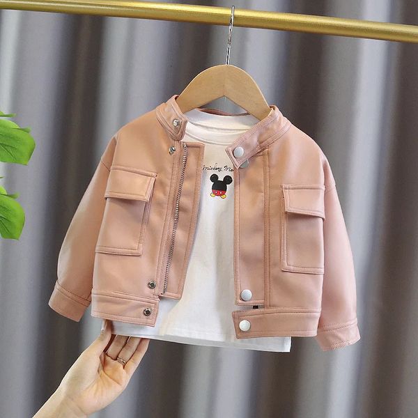 Primavera otoño niños moda chaqueta de cuero bebés niñas cardigan rosa abrigo con cremallera niños ropa de abrigo casual ropa de piel 27 años 240306