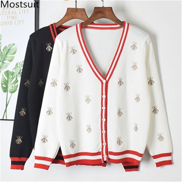 Primavera otoño punto abejas bordado cardigan suéter mujer manga larga con cuello en v moda coreana señoras tops suéteres blanco negro 210513