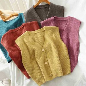 Lente herfst gebreide vest vrouwen casual chique Koreaanse single breasted crop tops dames mouwloze vest trek truien 210525