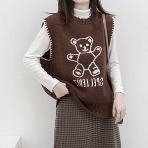 Lente herfst gebreide trui vest cartoon beer vrouwen losse mouwloze O-hals oversized pullover 210607