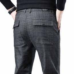 Printemps Automne Corée Busin Hommes Pantalon Cott Confortable Élastique Plaid Casual Fi Pantalon Costume Mâle Pantalon J0FZ #