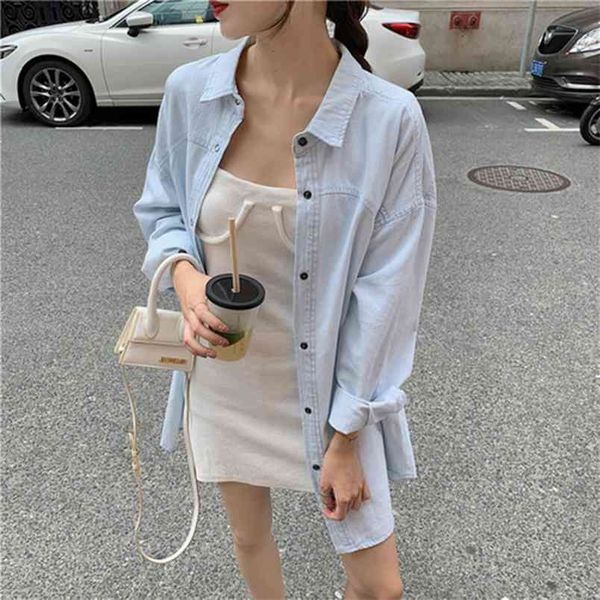 Printemps Automne Corée Mode Femmes Lâche Casual Coton Denim Longues Chemises Manteau Femme Bleu Clair Blouse Top Qualité S296 210512