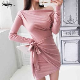 Primavera otoño Corea vestido de punto mujeres sexy slash cuello fuera del hombro sólido alto cintura mini bata femme 13068 210508