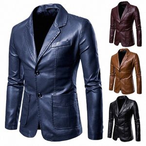 Printemps Automne Style Coréen Hommes Slim Fit Moto PU Blazer Veste En Cuir Simple Boutonnage Busin Manteau Fi Streetwear y9mx #